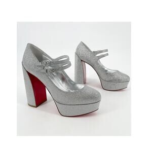 Christian Louboutin Silver Glitter Movida Jane Platform Mary Jane Heels EU 38.5